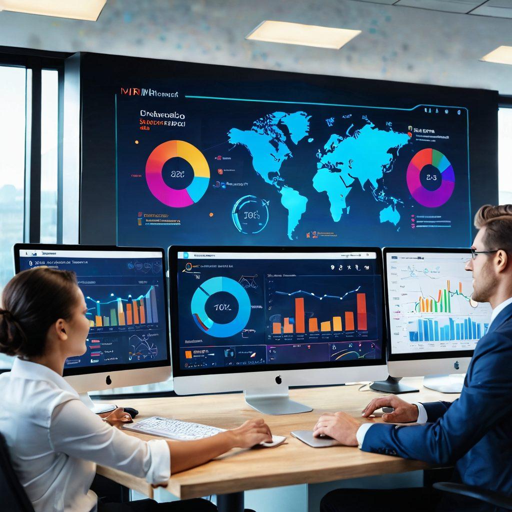 A dynamic interface showcasing a sleek dashboard with vibrant charts and analytics on EIR management, surrounded by diverse professionals collaborating in a modern office environment. The scene emphasizes teamwork and technology, with glowing screens displaying the myEIR solutions logo. Overlay elements like gears and digital connections symbolize seamless processes. super-realistic. vibrant colors. modern design.