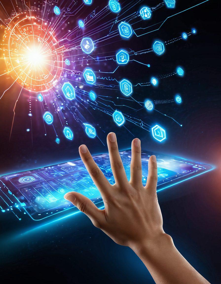 A futuristic hand reaching out to touch a glowing interface displaying various tech icons like cloud computing, artificial intelligence, and data analytics. The background features a sleek digital landscape with flowing circuits and holographic elements. A warm glow emanates from the interface, symbolizing empowerment and innovation. super-realistic. vibrant colors. 3D.