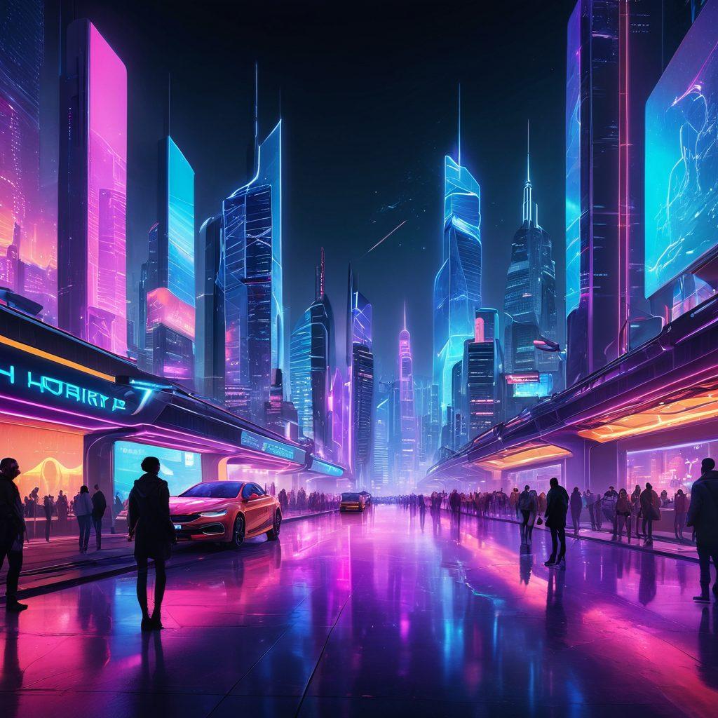 A futuristic city skyline illuminated with neon lights, featuring people interacting with advanced holographic interfaces and AI technology. The scene conveys a sense of transformation and connection, symbolizing the evolution of user experiences with myEIR solutions. Incorporate vibrant colors and dynamic elements to enhance the feeling of innovation and excitement. futuristic, cyberpunk style, vibrant colors.